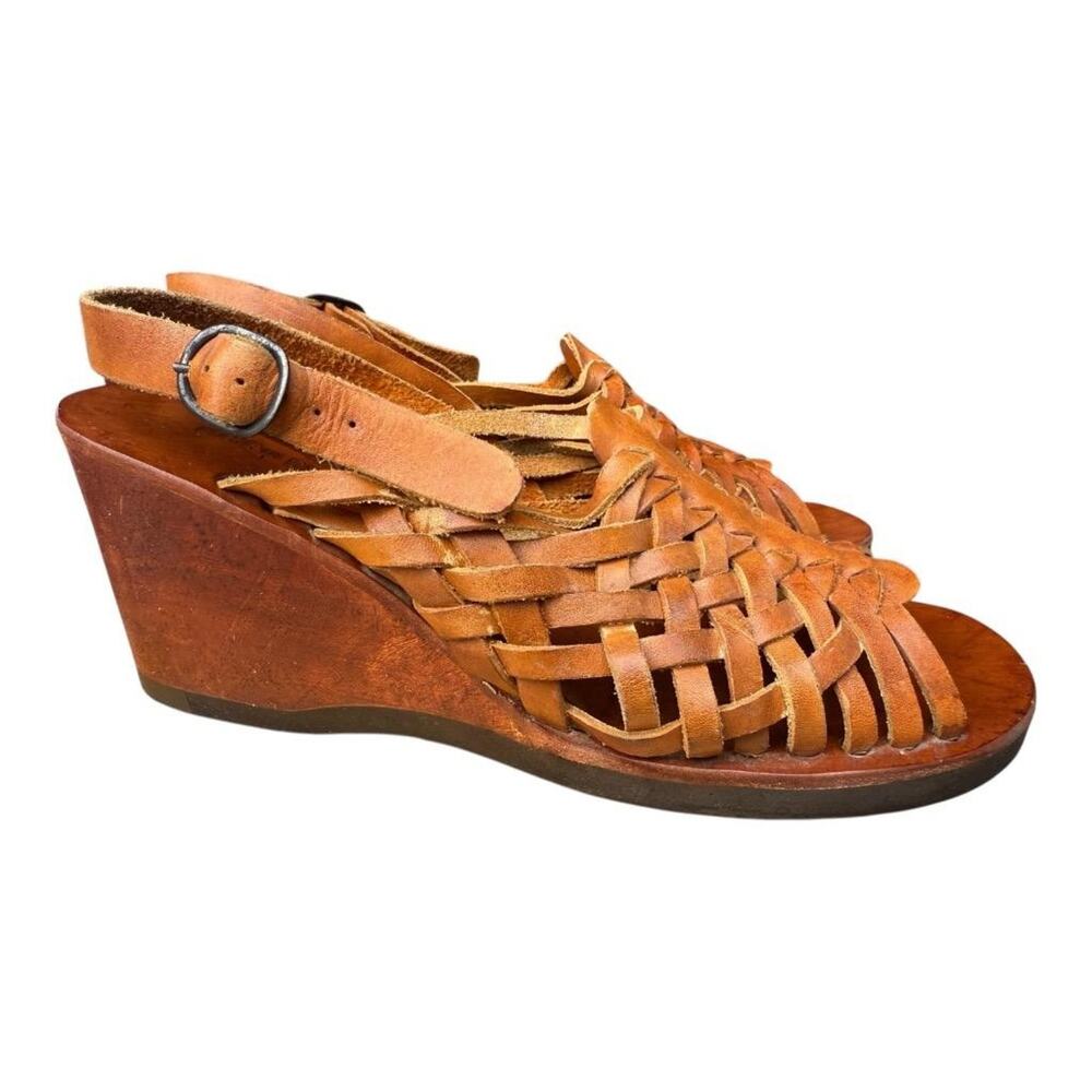 Vintage Boho Huarache Wood Wedge Sandal Tan Leather Women size 7